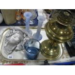 A Brass Oil Lamp, Art Nouveau Style Wall Shelf, candlesticks, tankard:- One Tray