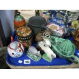Japanese Hand Painted Tea Pot, owl, Wilkinson Ltd lamb, vintage printed wooden lidded pots, "