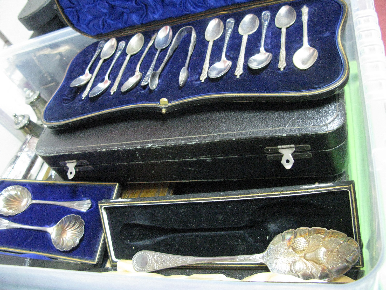 A Cased Set of Twelve Apostle Spoons, cased berry spoon, letter knife, loose and cased cutlery,