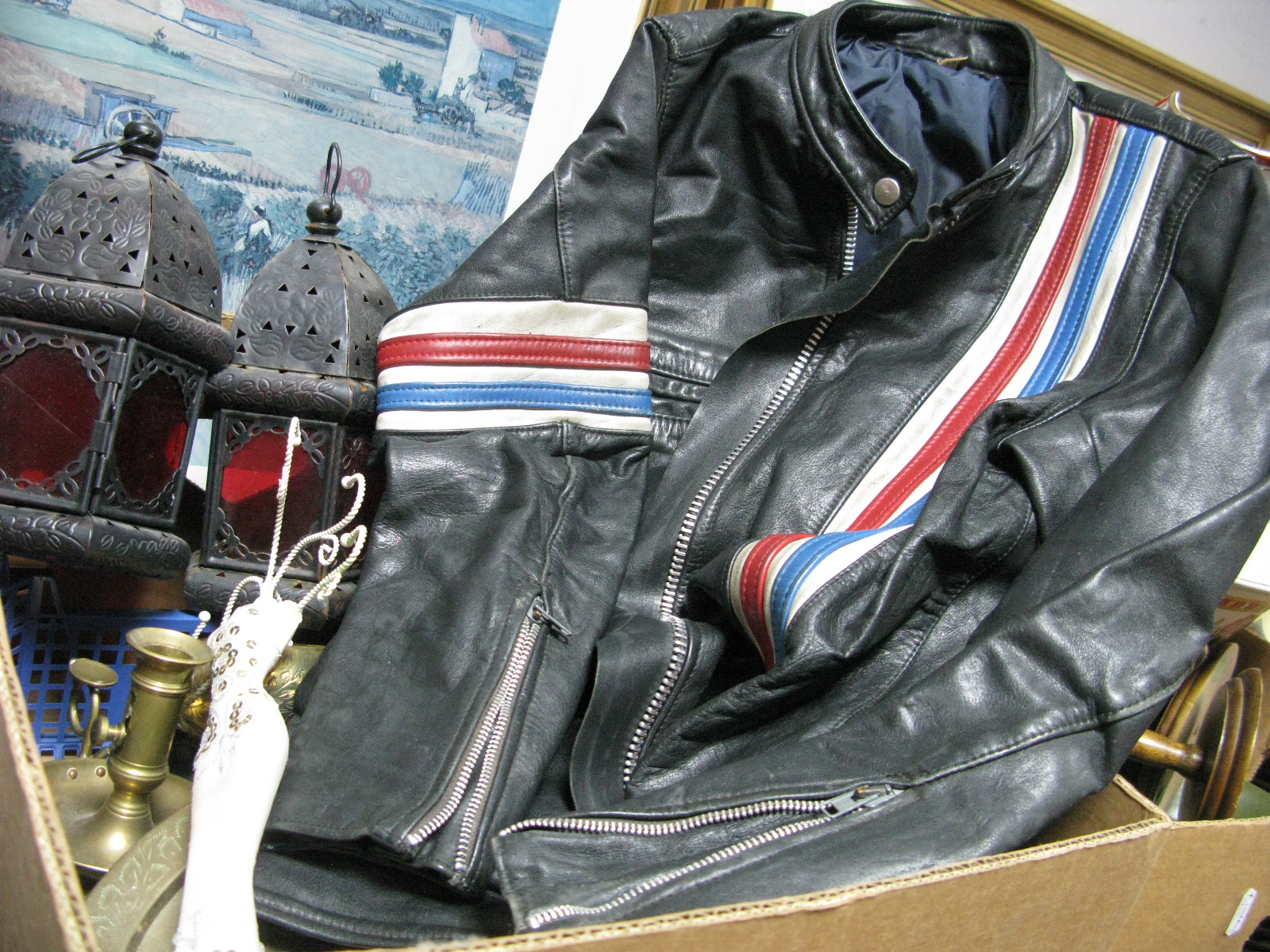 Ladies Leather Motorcycle Jacket, lamps, brassware, jewellery stand:- One Box - plus French table