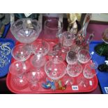 A Wedgwood Glass Bird, other birds. Champagne glasses etc:- One Tray
