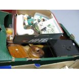 A XIX Century Ebonized Tea Caddy, mahogany box, tins, model ducks etc:- One Box
