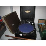 Columbia Portable Gramophone, with wind up action and black Morocco covering, folder of 78rpm