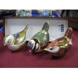 Royal Crown Derby Paperweights as Birds, all first quality with golden stoppers. (3)