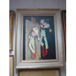 William Burns, (Sheffield Artist 1923-2010) "Whimsy" portrait of a clown admiring self portrait, oil