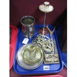 Horse Brasses, brass stamp box, letter opener, mug, Chesterfield souvenir dish, candlestick etc.