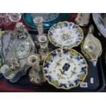 A Collection of Quimper and Other Tin Glazed Pottery, including inkwell, a pair of candlesticks,