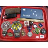 Steadtler Geometry Set, AA and Matlock and District Motor Club car badges, magnifying loops, rifle