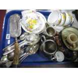 A Horn Handled Electroplated Crumb Tray, loose cutlery, Royal Doulton Sam Weller character jug,