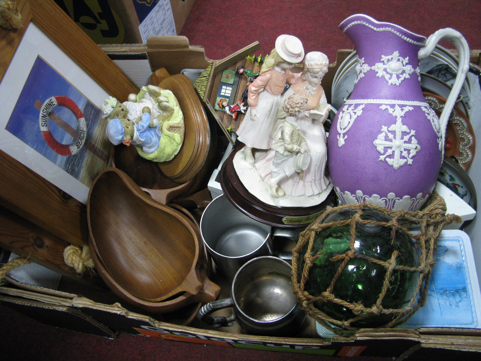 A XIX Century Pottery Jug, cuckoo clock, plates, glass float, figures, seashells etc:- One Box