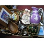 A XIX Century Pottery Jug, cuckoo clock, plates, glass float, figures, seashells etc:- One Box