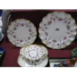 Royal Crown Derby 'Royal Antoinette' Quatrefoil Dish, footed dish, 26cm and 20cm wavy rim plates. (