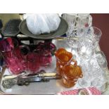 Three Cranberry Glass Jugs, Royal Albert drinking glasses, cutlery, scales and weights:- One Tray