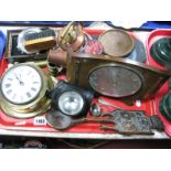 A Brass Clock Compass, police torch, brass, photos, Metamec clock, etc:- One Tray