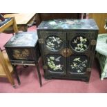 A circa 1920's Chinoiserie Needlework Table, a similar two door cupboard. (2)