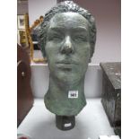 A Painted Plaster Head Bust, on cylindrical metal plinth, 39cm.