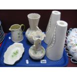 A Pair of Belleek 'Living' Tapering Cylindrical Candlesticks, Belleck twin handled vases, jug (green