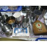 Old Hall Stainless Steel Candlestick, Old Hall tankards, Whisky flasks, pen knife:- One Tray