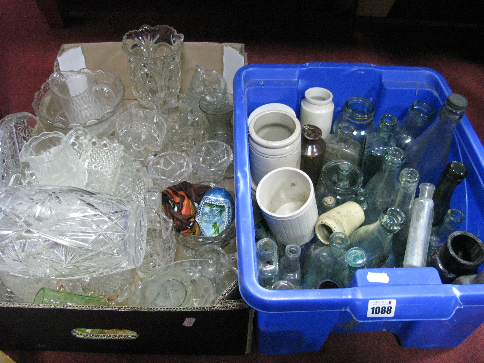 Glass Bottles, stoneware jars, glassware:- Two Boxes