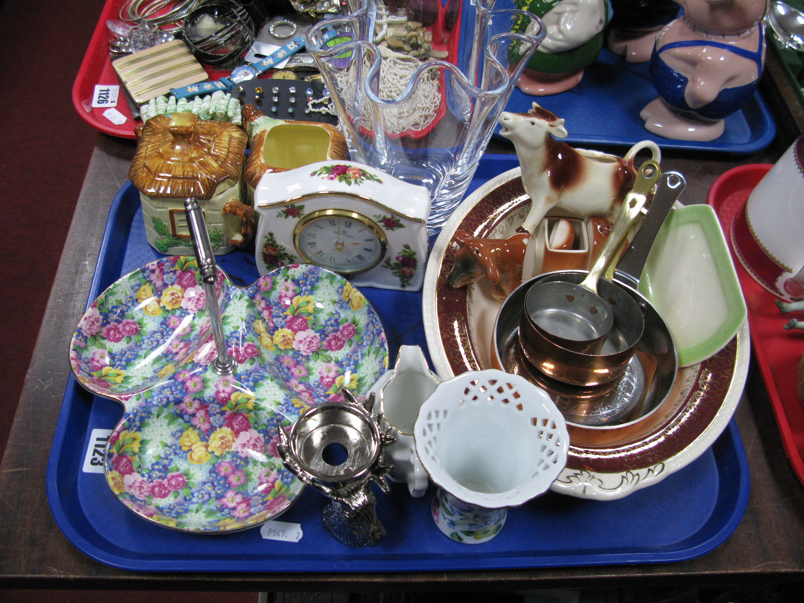 Winton Hors D'oeuvre's Dish, Royal Albert Old Country Roses clock, glass vase, other ceramics:-