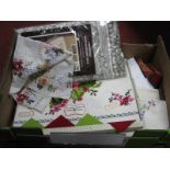 Erinocre Vintage Rayon Cloth Boxed Cloth and Napkins, Nottingham lace table cloth, ribbon