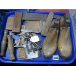 Wooden Shoe Lasts, keys, herb choppers, wood working plane etc:- One Tray
