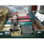 A Norah Wellings Sailor Boy Doll, brass topped and other cribbage boards, cased dominoes, vintage
