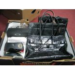 Four Black Leather Ladies Handbags, sewing patterns, belt buckles etc:- One Box