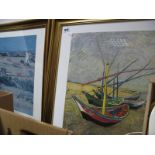 After Vincent Van Gough 'This Harvest' colour print 42.5 x 54.5cm, another, boats on the beach. (2)