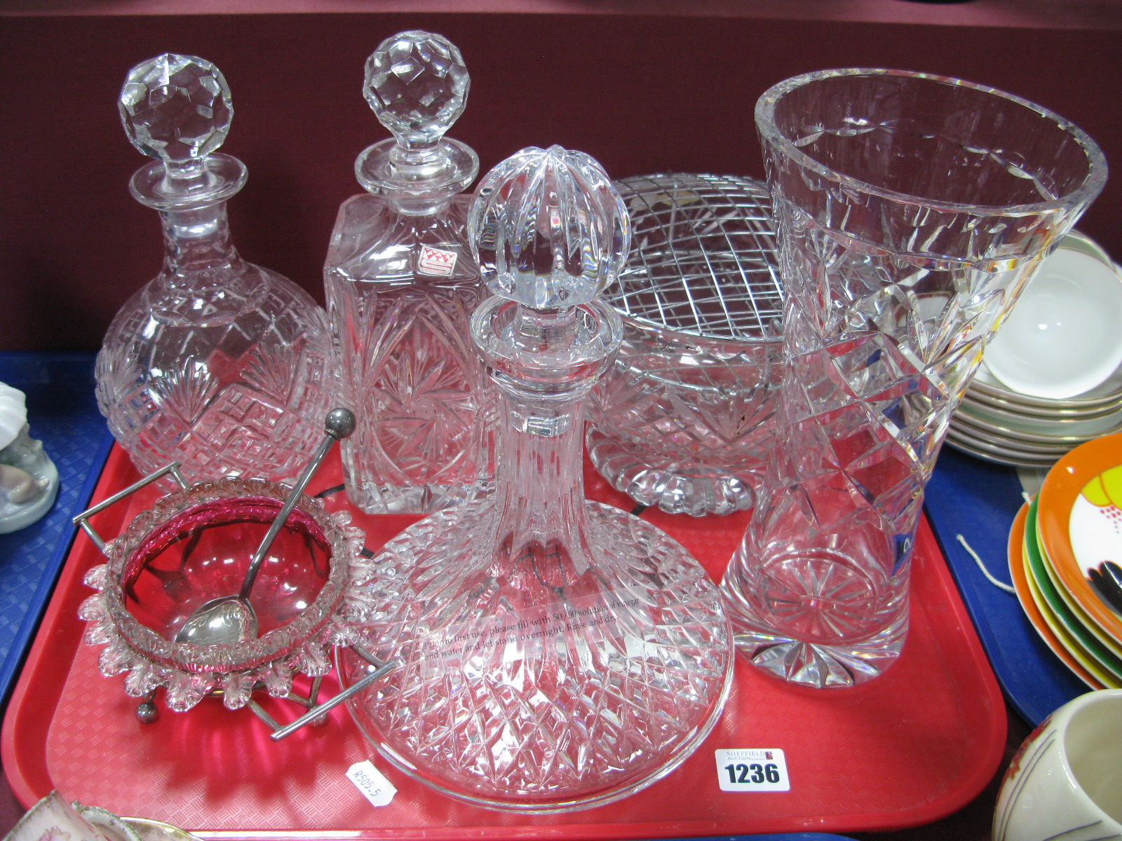 Lead Crystal Whisky and Ships Decanters, globular decanter waisted vase, rose bowl, by Brierley,