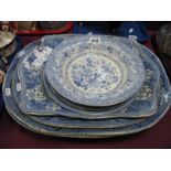 Three Victorian Staffordshire Blue and White Willow Pattern Meat Plates, 45cm and smaller; a further