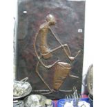 Lukautha Tribal Art, copper plaque, featuring stylized figure beating drum, name to lower centre, 88