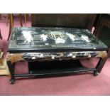 Chinese Lacquered Coffee Table,. decorated with maidens and temple, on cabriole legs, united by