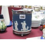 A Wedgwood Blue Jasperware Biscuit Barrel, of cylindrical form, with plated lid and swing handle,