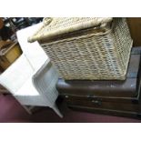 Wicker White Painted Chair, wicker carry basket, tin trunk. (3)