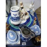 Wedgwood Powder Blue Jasperware, pin dishes, box and cover, Limoges 'egg box', cabinet plates