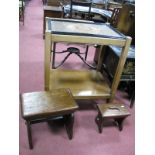 An Oak Two Heights Tea Trolley, the removable top tray with parquetry decoration; and two stools (