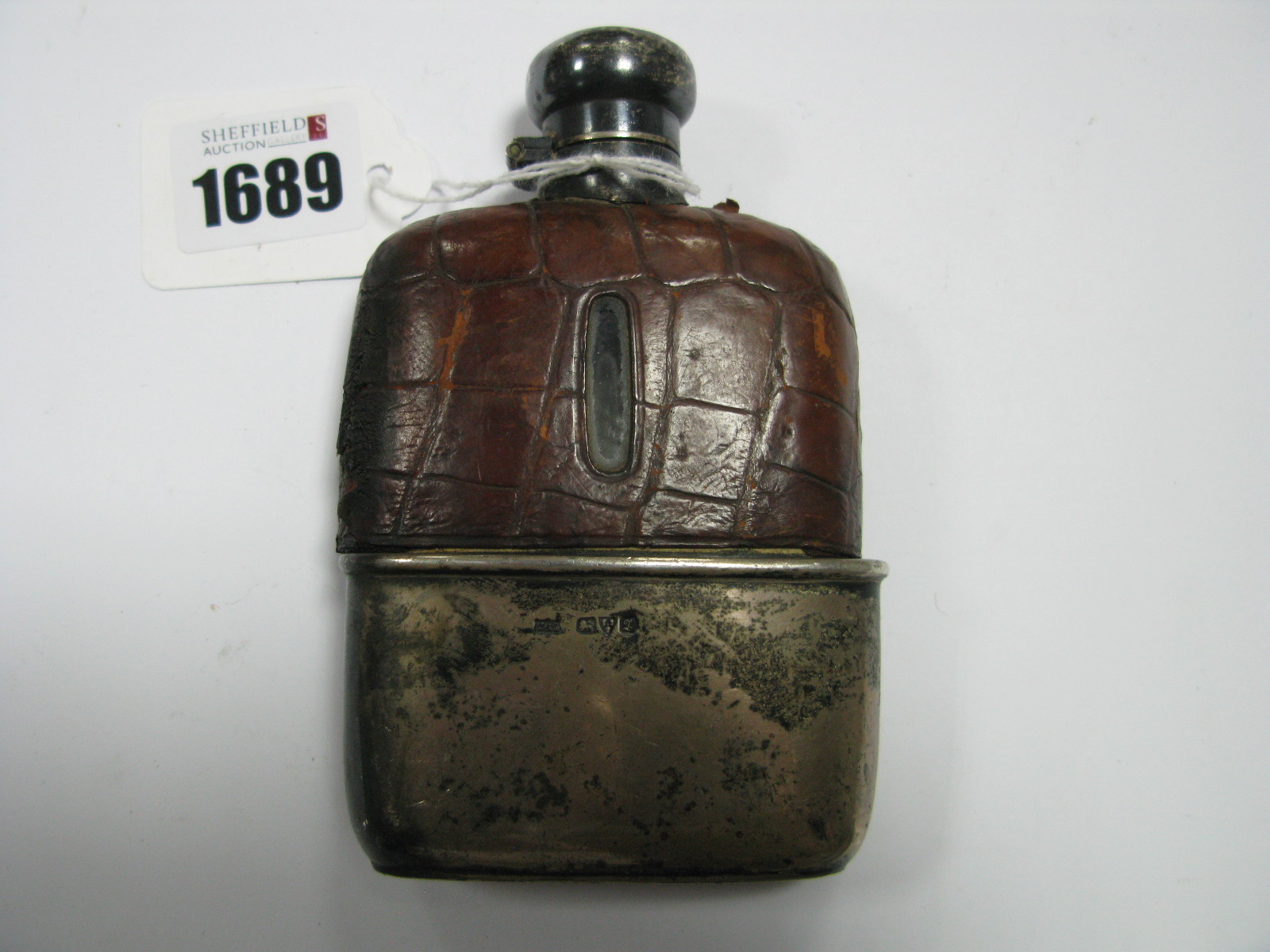 A Chester Hallmarked Silver Mounted Glass and Leather Hip Flask, C&S, Chester 1925.