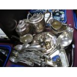 Two Silver Napkin Rings, fine gold chain, cutlery, plated tea ware etc:- One Tray