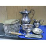 A Plated Mounted Glass "Biscuits" Box, of oval form; plated three piece tea set, decorative dish,