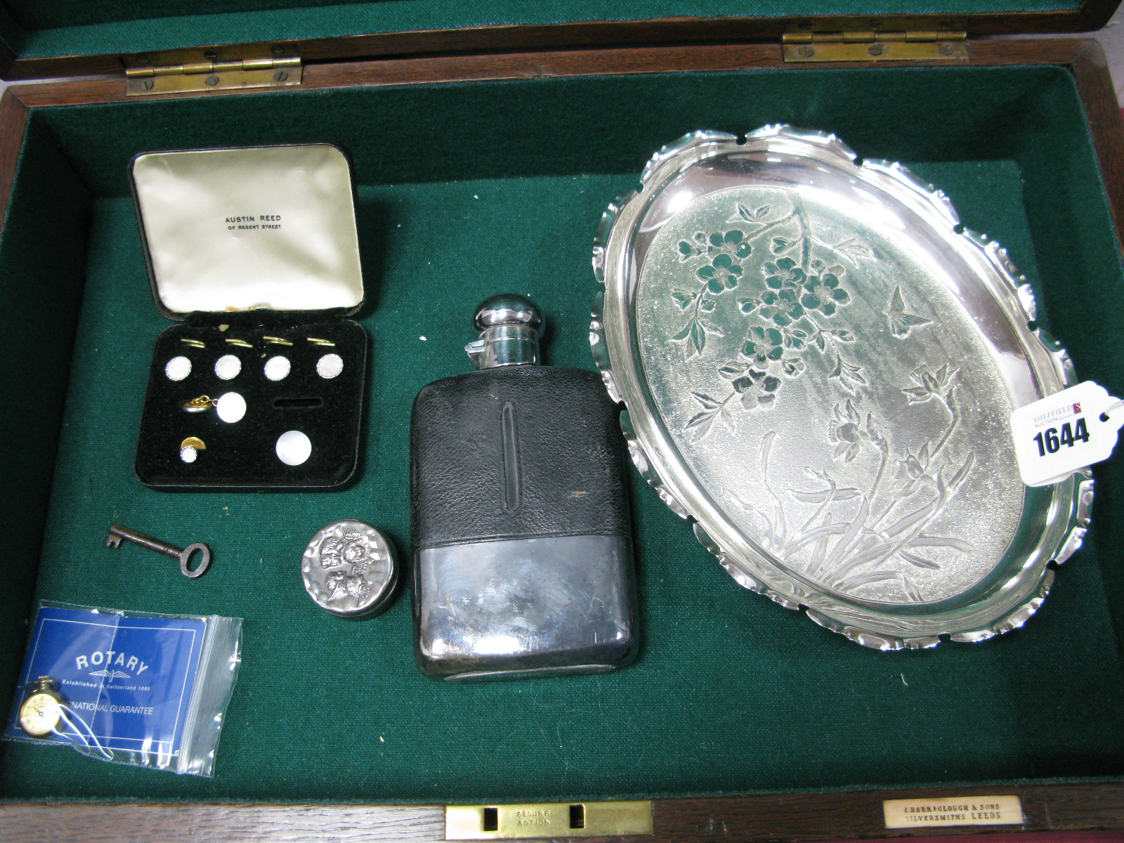 Decorative Dish, gent's dress studs, hip flask, pill box, ladies pendant watch etc, all in wooden