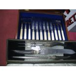 A Wooden Cased Set of Six circa Early XX Century Fish Knives and Forks, a cased three piece