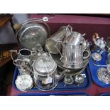 Large EPBM Three Piece Tea Set, jug and sugar bowl on stand, a swing handled basket dish,