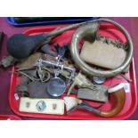 Brass Car Horn, leather gaitors, smokers pipes, knives etc:- One Tray