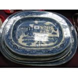 Six Blue and White Willow Pattern Pottery Meat Plates.