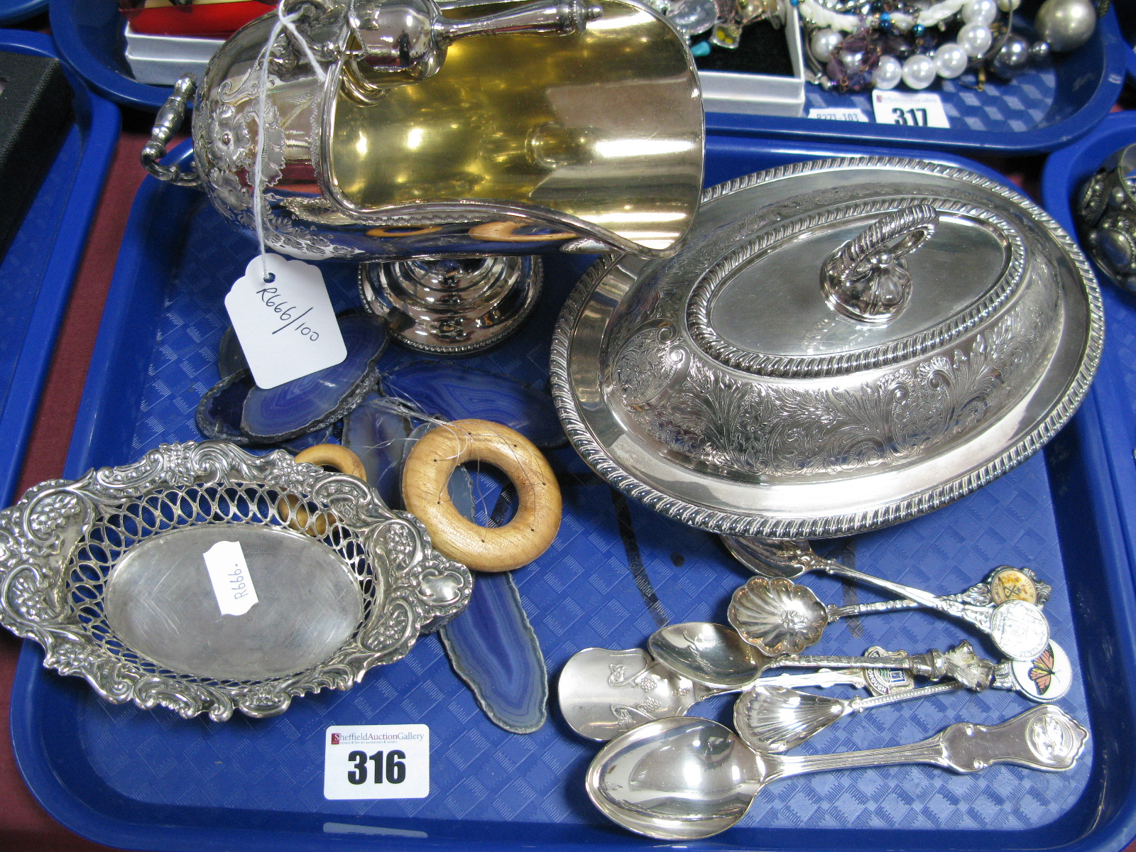 A Hallmarked Silver Bon Bon Dish, of pierced design, plated spoons, small oval entree dish, sugar