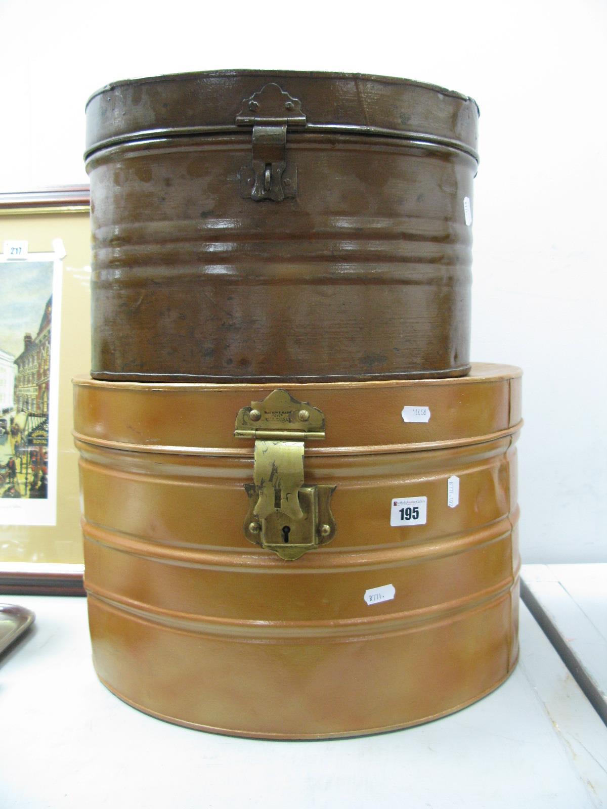 Two Painted Metal Hat Boxes. (2)