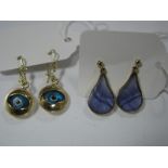 A Pair of 9ct Gold Pear Shape Drop Earrings, Blue John coloured collet inset, together with a pair