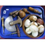 A XIX Century Corkscrew, XIX Century Spice Chopper, Onyx hand coolers, walnut bowl etc:- One Tray