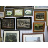 Two XIX Century Paintings on Glass, 'Trout Fishing', and 'The Luncheon', (framed) and two ebony